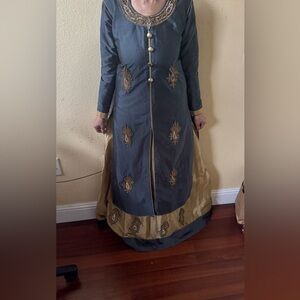 Grey and gold Pakistani suit, top and skirt